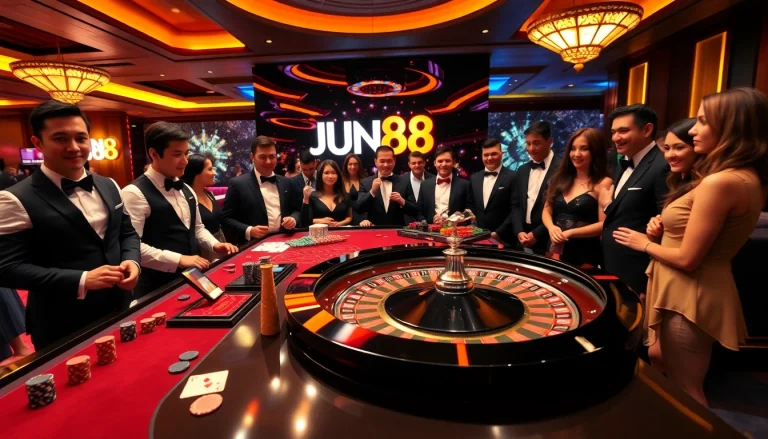 Experience thrilling gameplay at https://jun88pl.com/ with poker chips, cards, and roulette wheel in a vibrant casino setting.