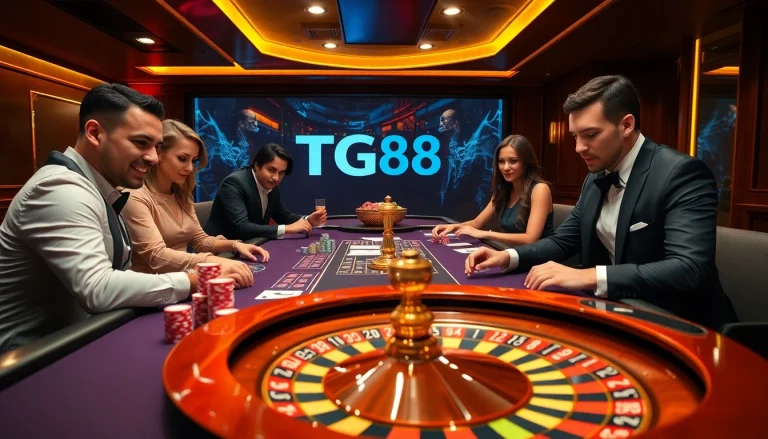 Engaging TG88 players in a vibrant online casino atmosphere with colorful poker chips.