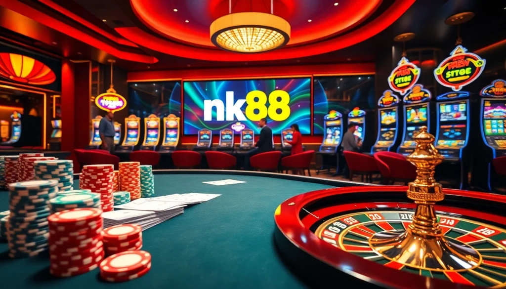 Players enjoy their game as nk88 chips and cards are expertly handled on a luxury casino table.