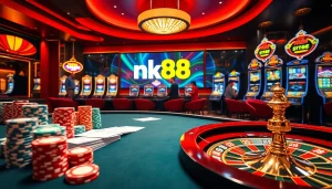 Players enjoy their game as nk88 chips and cards are expertly handled on a luxury casino table.