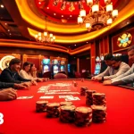 Players engaging in an intense poker game at a luxury casino showcasing ww88 branding.