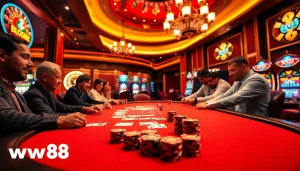 Players engaging in an intense poker game at a luxury casino showcasing ww88 branding.