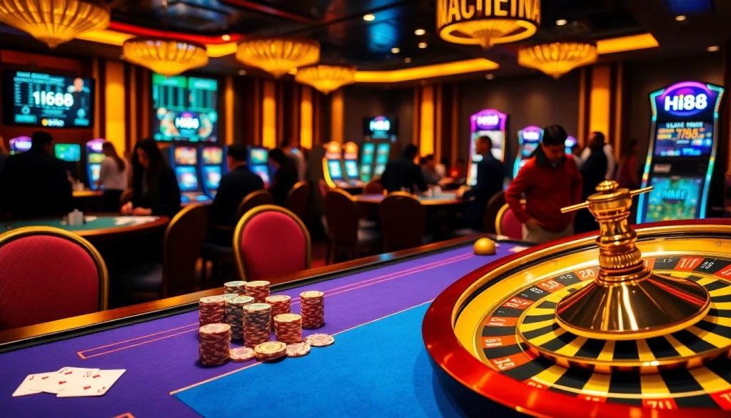 Experience high-stakes gaming at Hi88's luxurious casino tables with vibrant poker chips.