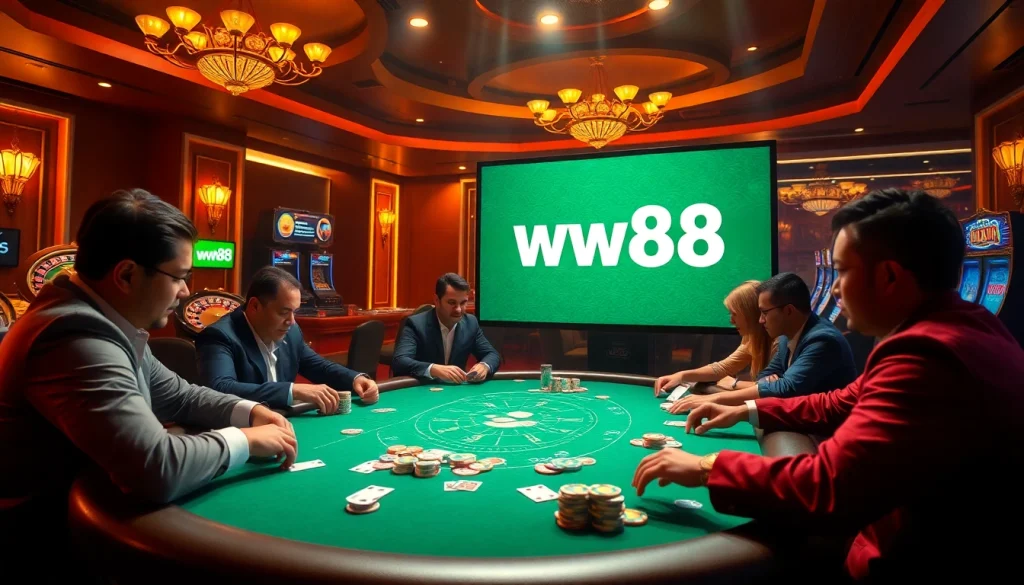 Engaged players at a vibrant casino poker table, highlighting the excitement of ww88 gaming.
