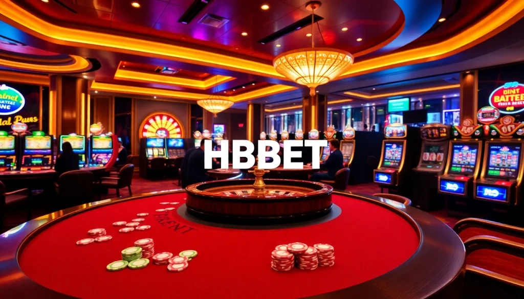 Exciting casino scene showcasing HBBET with vibrant slots, poker chips, and a roulette wheel.