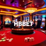 Exciting casino scene showcasing HBBET with vibrant slots, poker chips, and a roulette wheel.