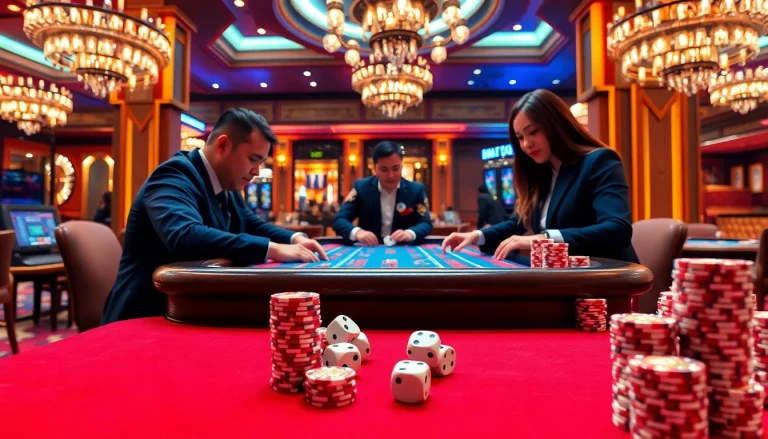 Tài xỉu md5 game visualization with professional players, dice, and vibrant casino ambiance.