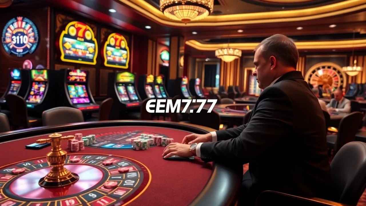 Players enjoying an exciting game at EM777 Casino with vibrant slot machines and roulette wheel.