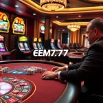 Players enjoying an exciting game at EM777 Casino with vibrant slot machines and roulette wheel.
