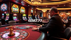 Players enjoying an exciting game at EM777 Casino with vibrant slot machines and roulette wheel.