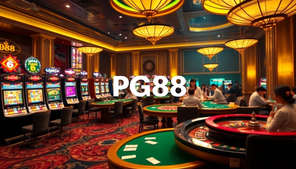 Engage with PG88 in a stunning casino environment featuring vibrant slot machines and live table games.