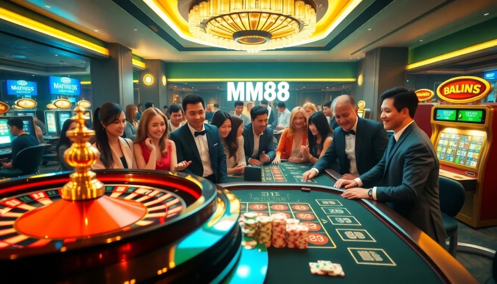 Excited players engage at the MM88 casino, showcasing dynamic games and vibrant atmosphere.