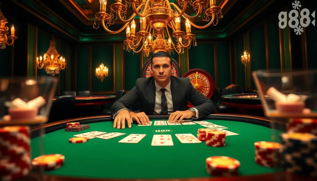 Exciting poker game scene at a luxurious casino featuring g88 themed decor and vibrant chips.
