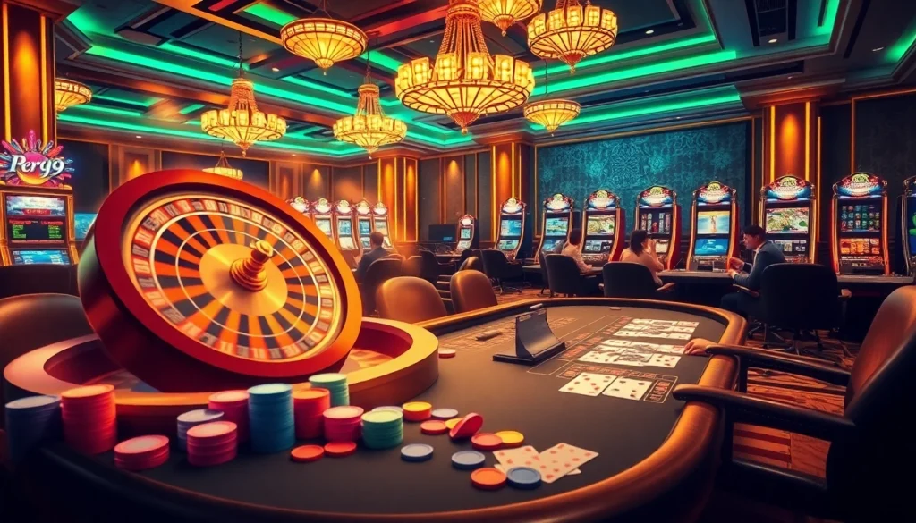Experience the thrill of rr99 with a vibrant casino scene featuring an exciting roulette wheel and engaged poker players.