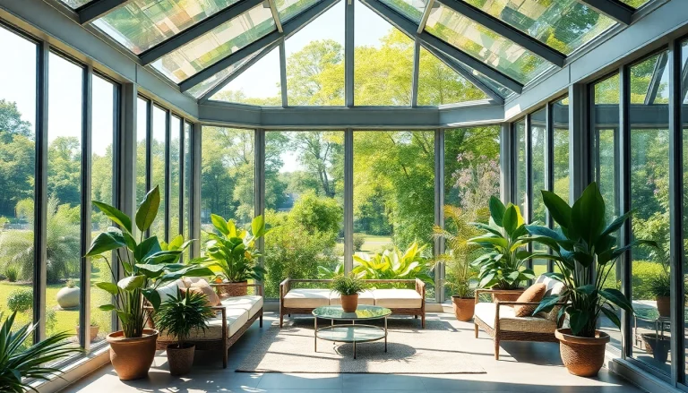 Create a relaxing glass sunroom with bright natural light and lush indoor plants.