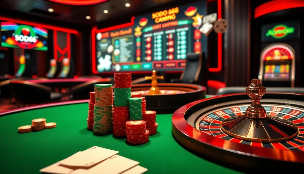 Experience thrilling gameplay at SODO66 casino with poker chips and vibrant tables.