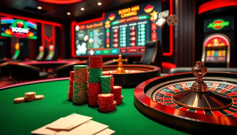 Experience thrilling gameplay at SODO66 casino with poker chips and vibrant tables.