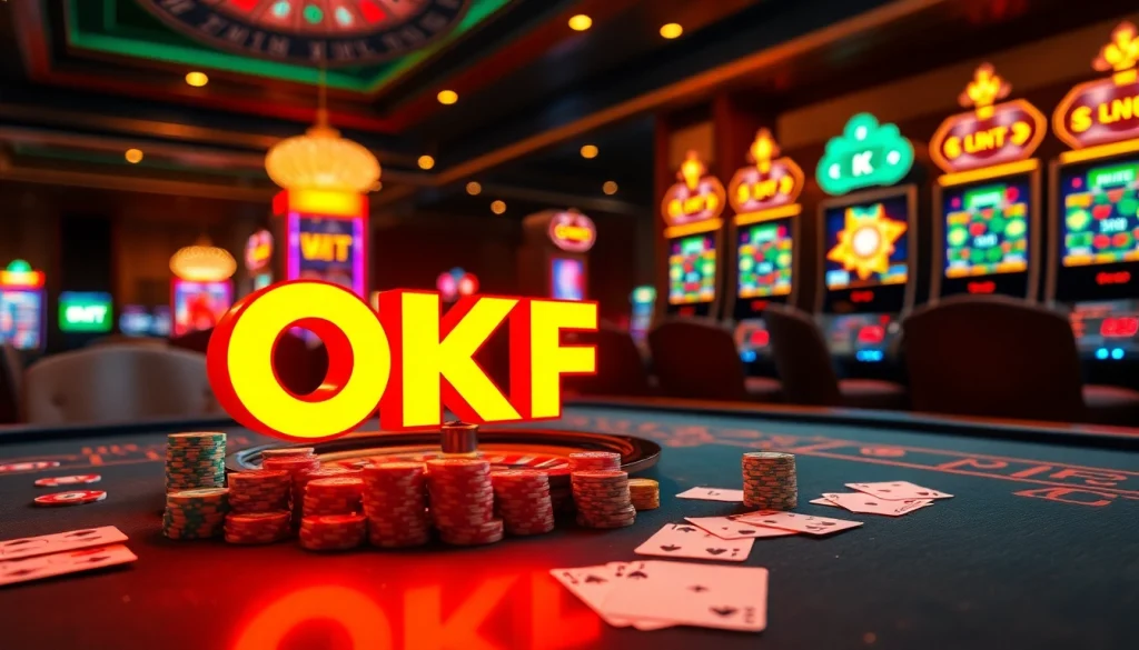 Engage with OKFUN at a vibrant casino table showcasing poker chips and a roulette wheel.
