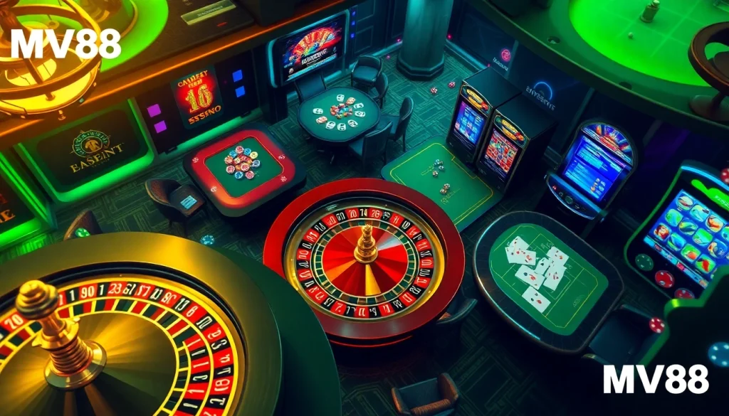 Exciting online casino scene featuring MV88 branding, vibrant roulette and slot machine action.