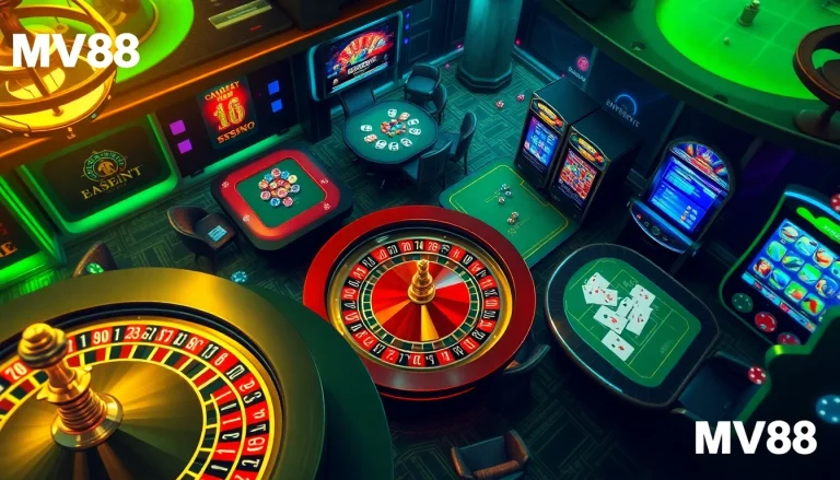 Exciting online casino scene featuring MV88 branding, vibrant roulette and slot machine action.