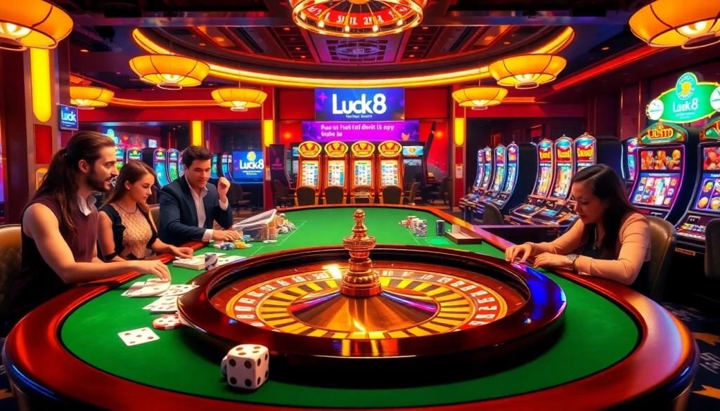 Experience the thrill of Luck8 with an exciting casino gaming scene featuring vibrant tables and players.