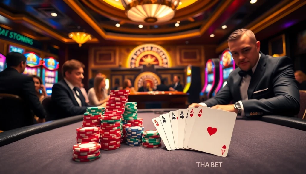 Engaged players at a high-stakes THA BET poker game surrounded by glimmering casino elements.
