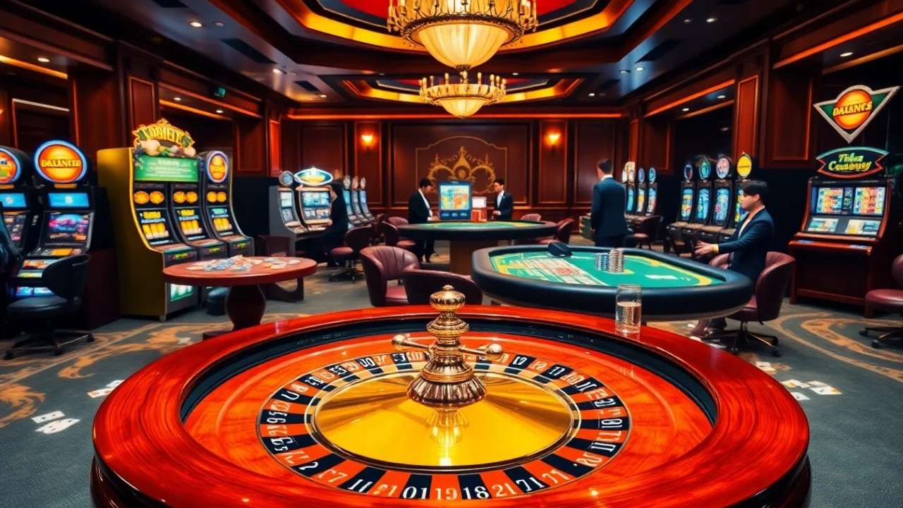 Experience the excitement of vào PS99 with a vibrant casino scene showcasing roulette and slot machines.