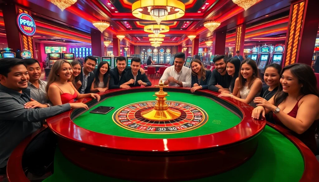 Gamblers enjoying the excitement of KP88 themed roulette in a luxurious casino setting.