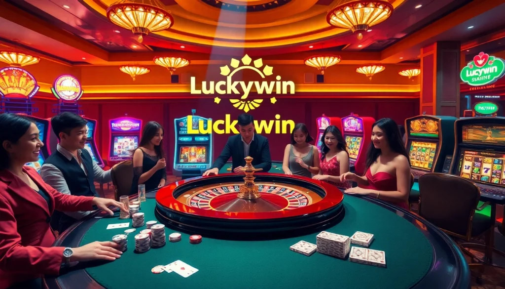 Exciting casino scene featuring Luckywin ph branding with roulette table and slot machines.