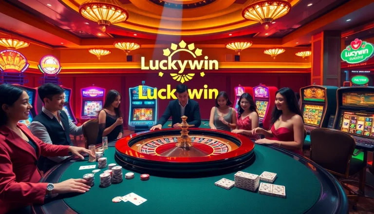 Exciting casino scene featuring Luckywin ph branding with roulette table and slot machines.