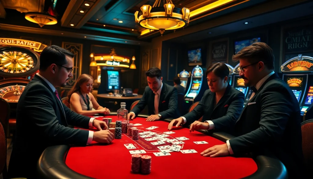 Players enjoying a thrilling poker game at 79KING casino, with stunning decor and excitement in the air.