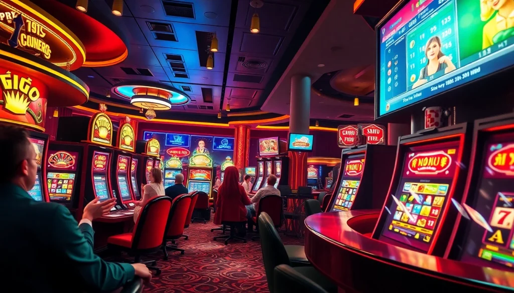 Winning at nổ hũ with jackpot celebrations and vibrant casino atmosphere.