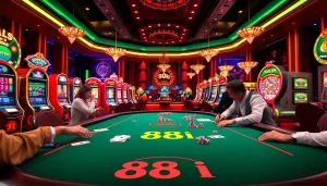 Engaged players at a vibrant poker table in a luxurious casino featuring 88i themed decor.