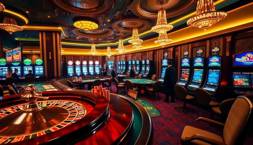A vibrant casino scene featuring u88 slot machines and colorful poker chips, showcasing excitement and luxury.