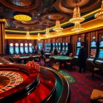 A vibrant casino scene featuring u88 slot machines and colorful poker chips, showcasing excitement and luxury.
