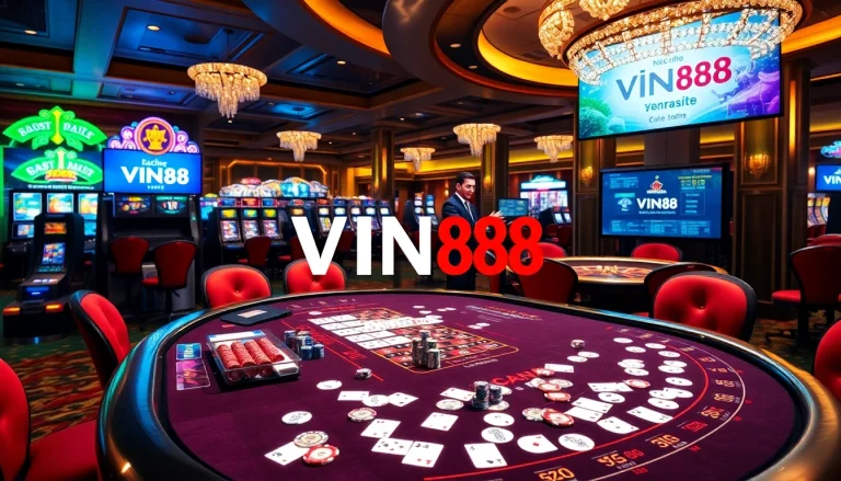Engage with VIN88 in a vibrant casino scene showcasing luxury gameplay with cards and chips.