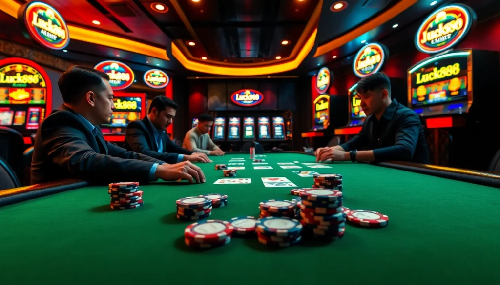 Engaged players at a poker table showcasing Luck888, vibrant chips, and gleaming casino ambiance.