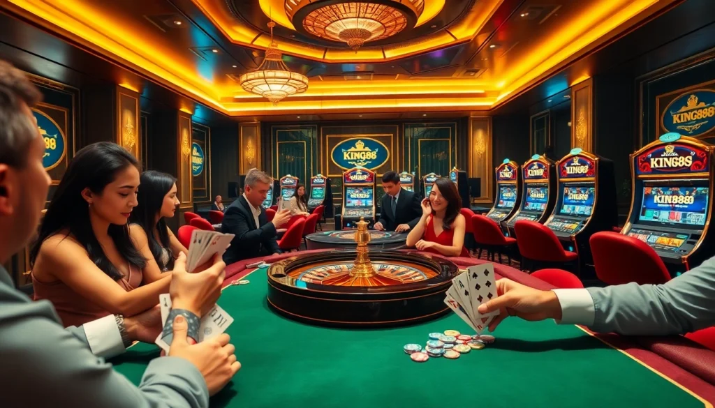 Exciting casino scene featuring King88 logos on luxury tables and engaging players in vibrant gameplay.
