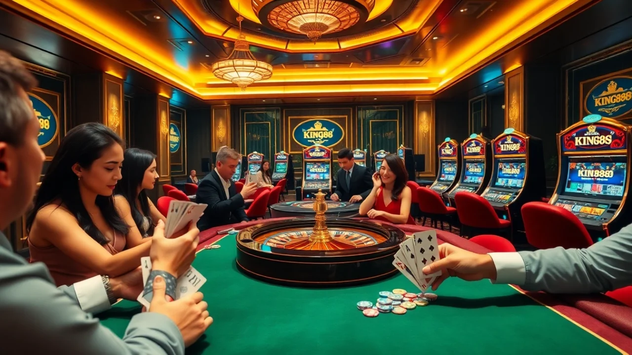 Exciting casino scene featuring King88 logos on luxury tables and engaging players in vibrant gameplay.