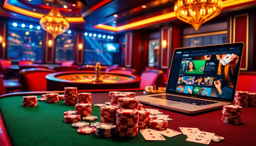 Experience thrilling gameplay at VWIN's luxurious casino tables with vibrant chips and roulette.