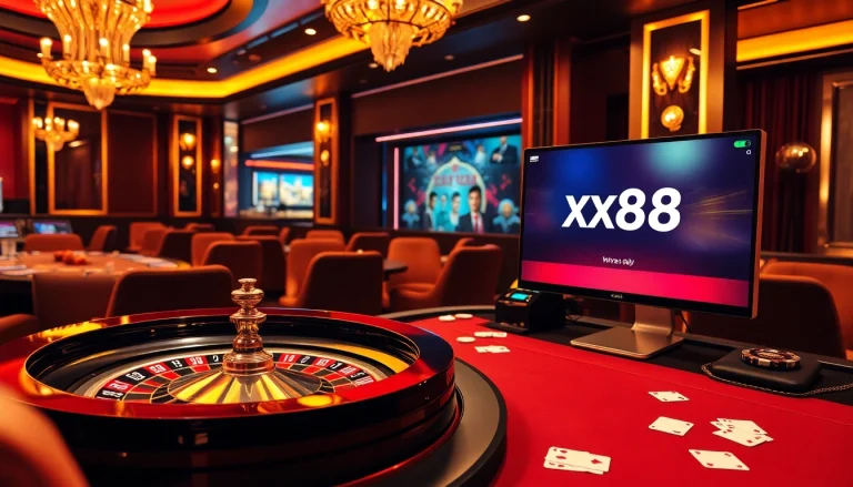 Experience high-stakes excitement with https://xx88.day/ showcasing a vibrant casino atmosphere with roulette and poker.
