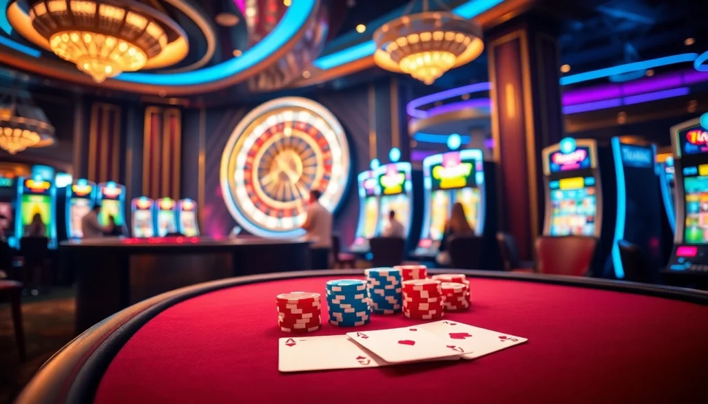 Experience the thrill at 13Win with vibrant slot machines and an engaging poker table atmosphere.