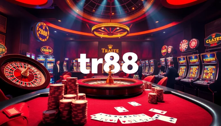 Experience excitement with tr88 at a luxury casino featuring roulette and poker tables.