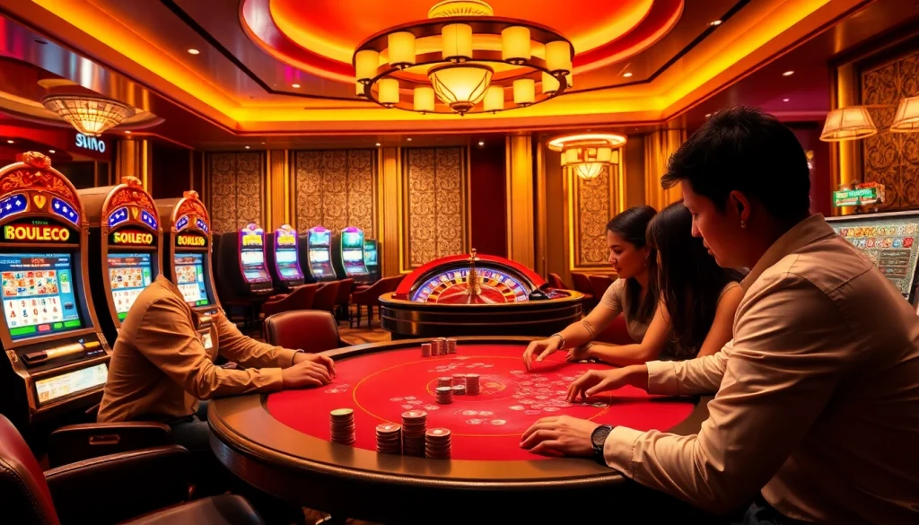 A thrilling scene at https://11win.vc/ showcasing poker action and vibrant slot machines in a luxurious casino.