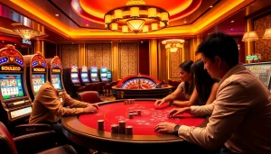 A thrilling scene at https://11win.vc/ showcasing poker action and vibrant slot machines in a luxurious casino.