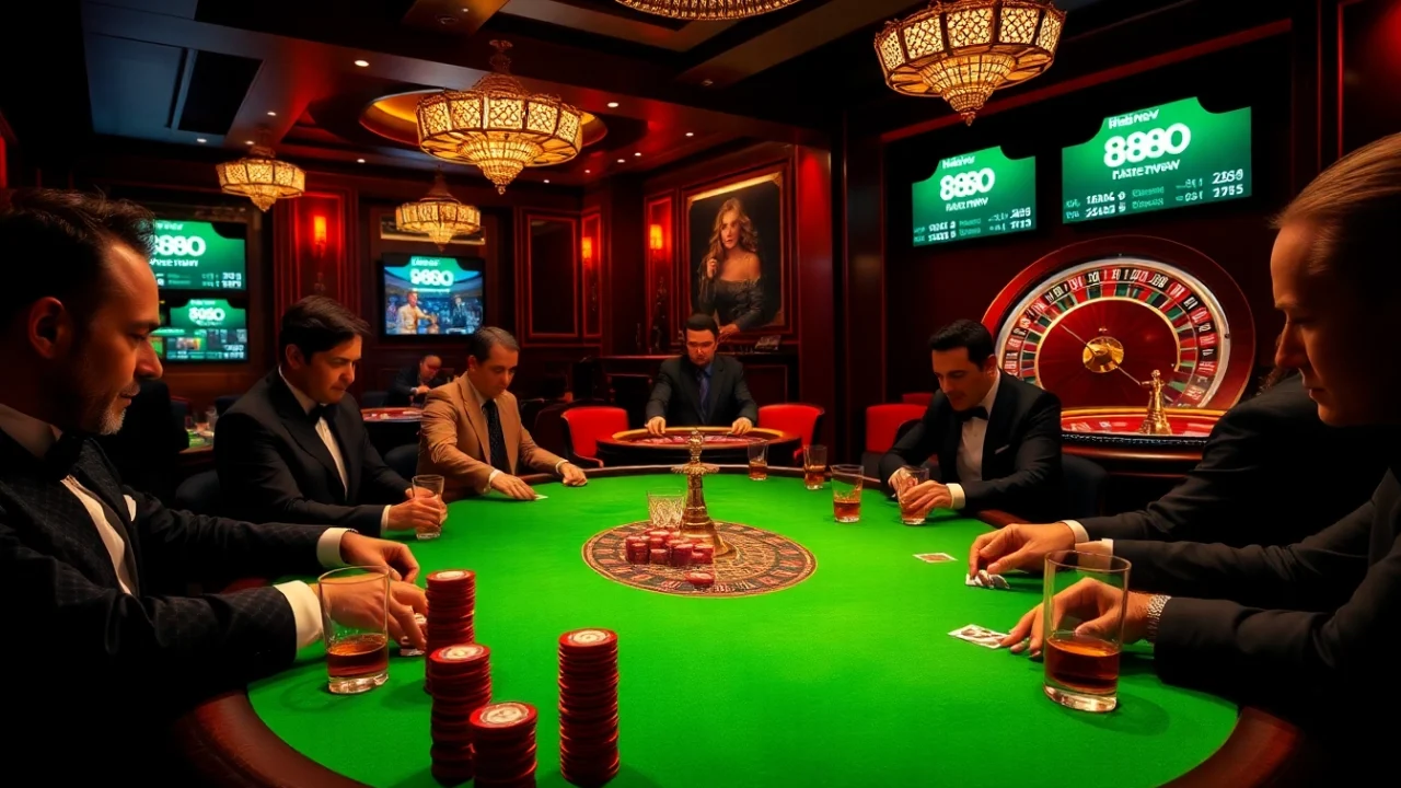 Players experiencing high stakes at a poker table showcasing 888new's thrilling gambling atmosphere.