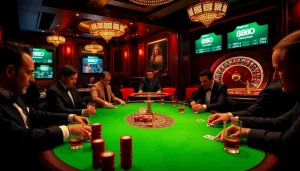 Players experiencing high stakes at a poker table showcasing 888new's thrilling gambling atmosphere.