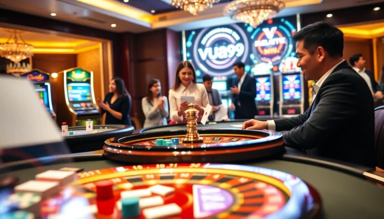 Vua99 players enjoying lively casino action with cards and roulette.