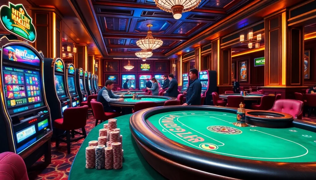 HITCLUB gaming scene showcasing poker tables, slot machines, and vibrant casino atmosphere.