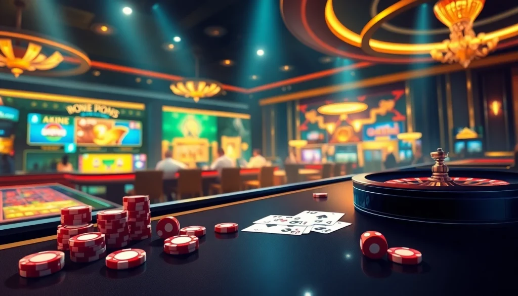 Experience the excitement of the bem88 online casino with vibrant poker chips and casino tables.